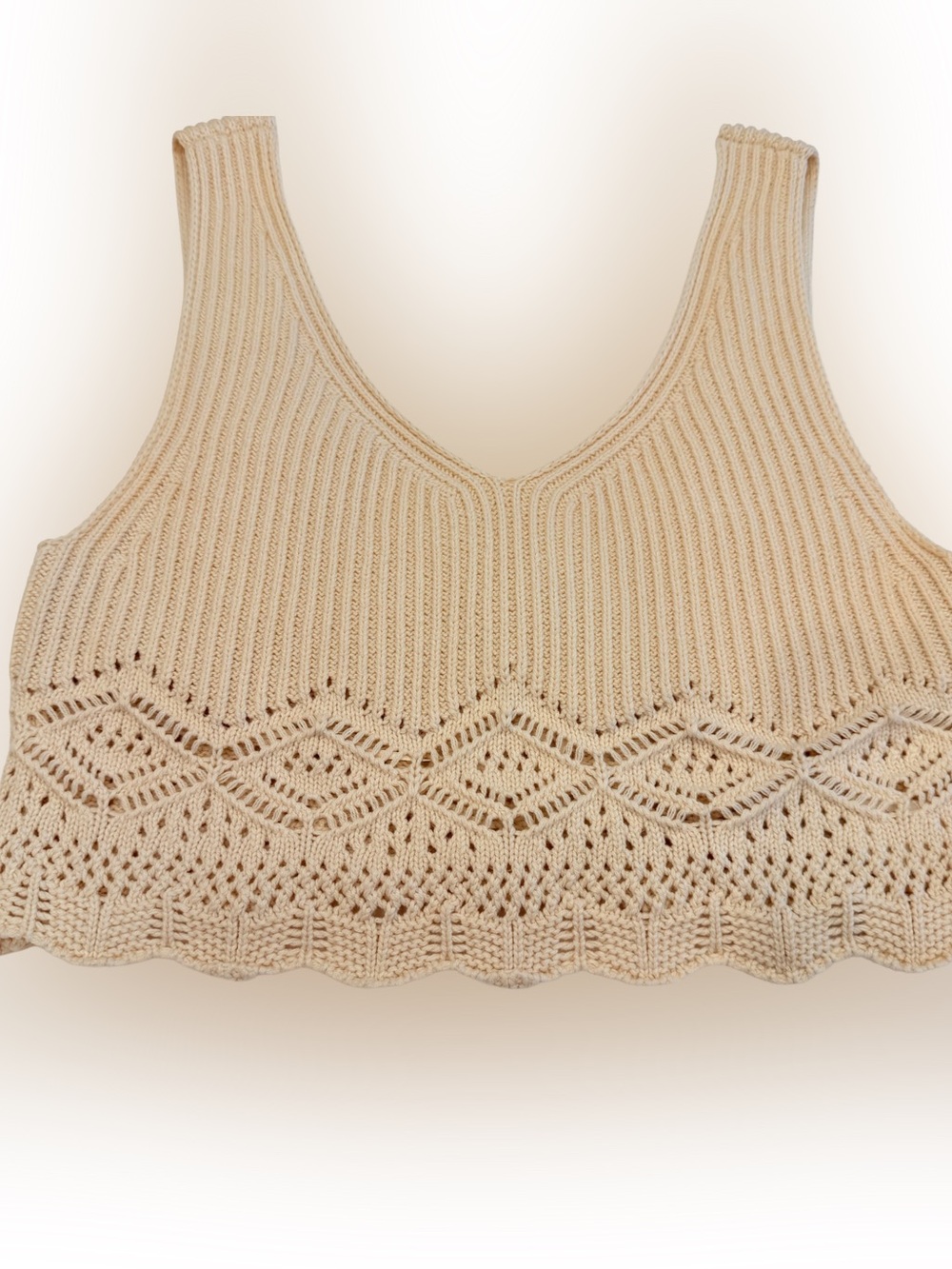 House of Harlow 1960 Ivory Crop Top  Crochet ribbed v-neck Knit XS